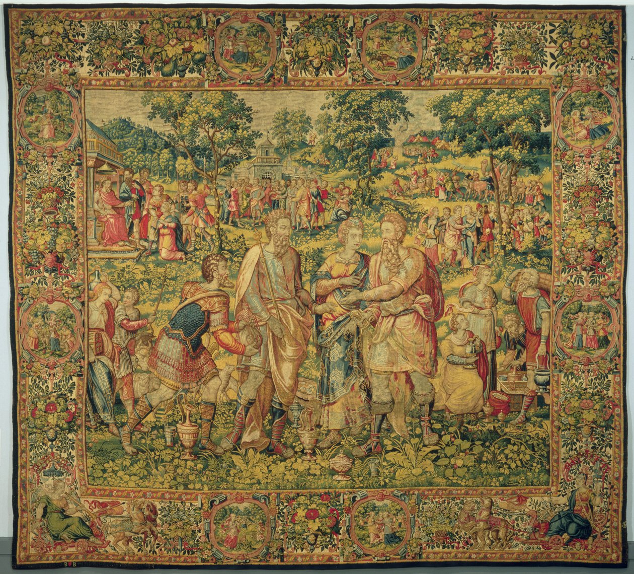 Král Abimelech vrací Sáru jejímu manželovi Abrahamovi, 1580 (tkaní gobelínů, vlny a hedvábí) od Frans Geubels