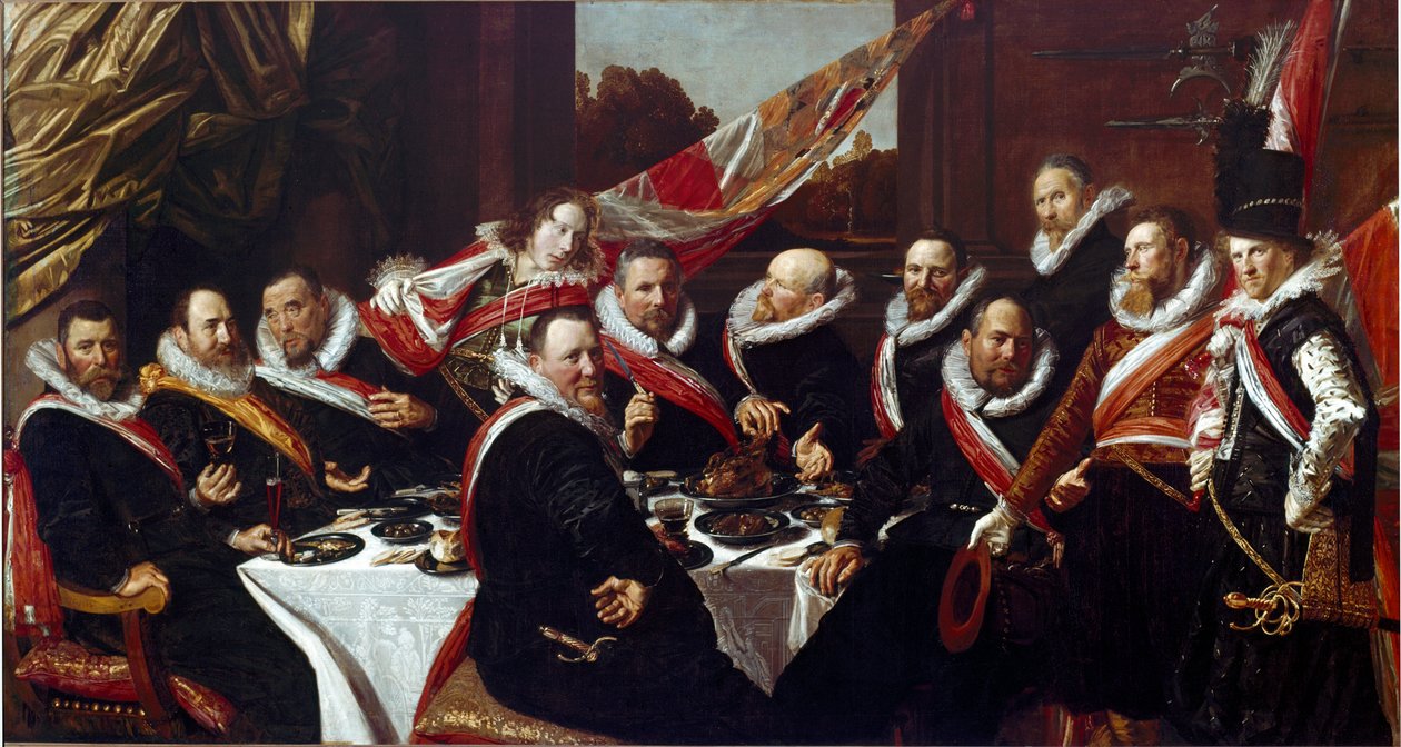 Banket důstojníků Sboru lučištníků svatého Jiřího z Haarlemu Obraz Franse Halse (asi 1580-1666) 1616 Ne. 170 x 120 cm Haarlem, Muzeum Franse Halse, Holandsko od Frans Hals
