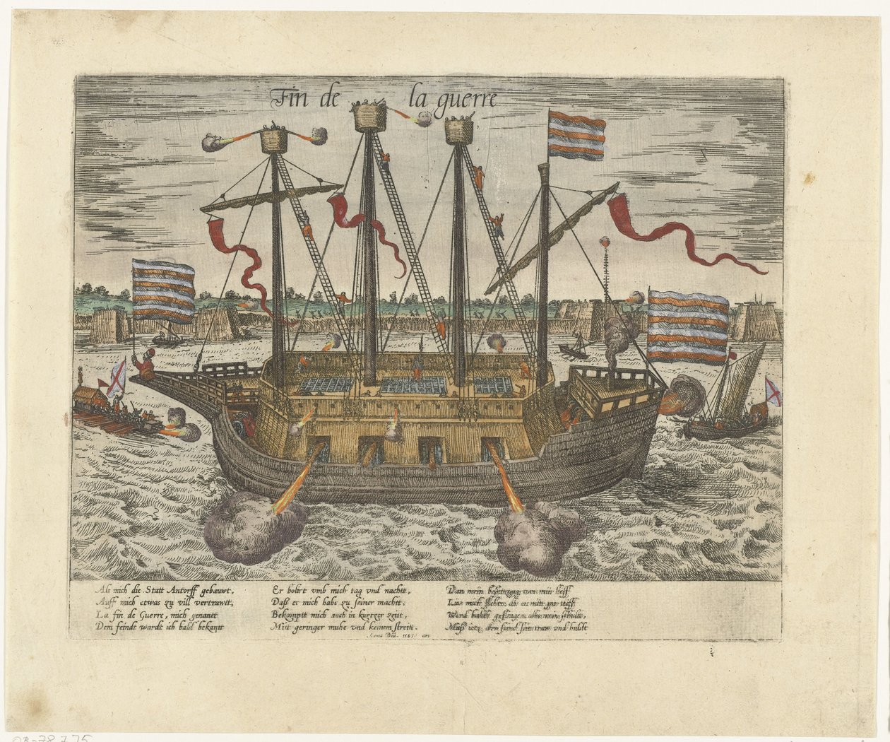 Loď Fin de la guerre, 1585 Fin de la guerre (název na objektu) Série 9: nizozemské a německé události, 1583-1587 (název série) od Frans Hogenberg