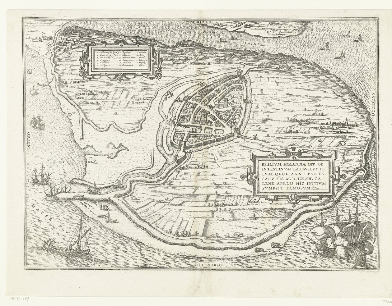 Kaart van het eiland Voorne en plattegrond van Brielle, 1572 Brillium, Holandsko opp. kvůli bratrovražedné holandské válce, která v roce vítězství Spasení 72 n. l. v dubnovém vedru začal tady, slavný (název na objekt) od Frans Hogenberg