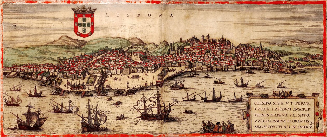 Pohled na Lisabon a řeku Tagus z: Mapa světa, 1572 od Frans Hogenberg