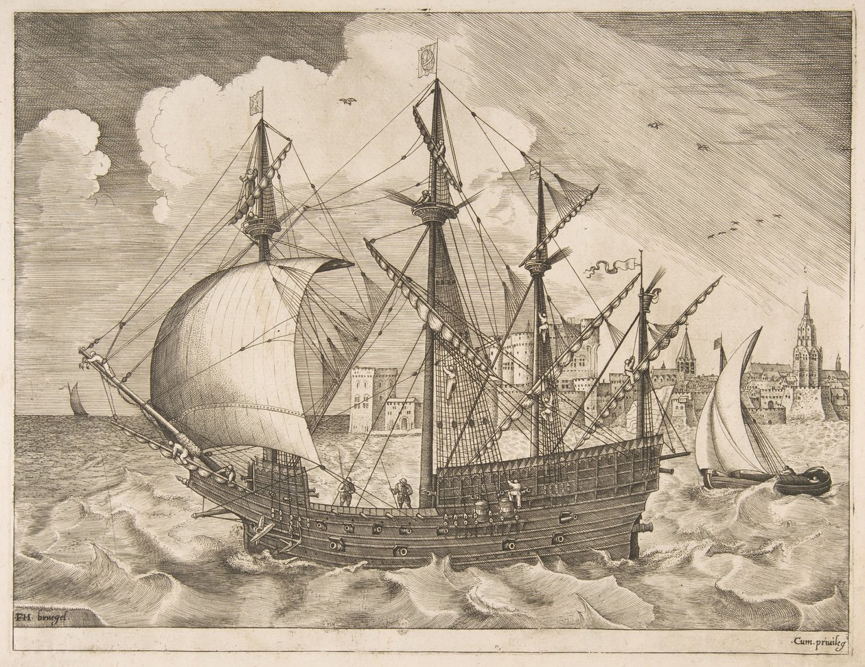 Ozbrojený čtyřmistr vyjíždějící na moře z plachetnic, ca. 1555-56. od Frans Huys