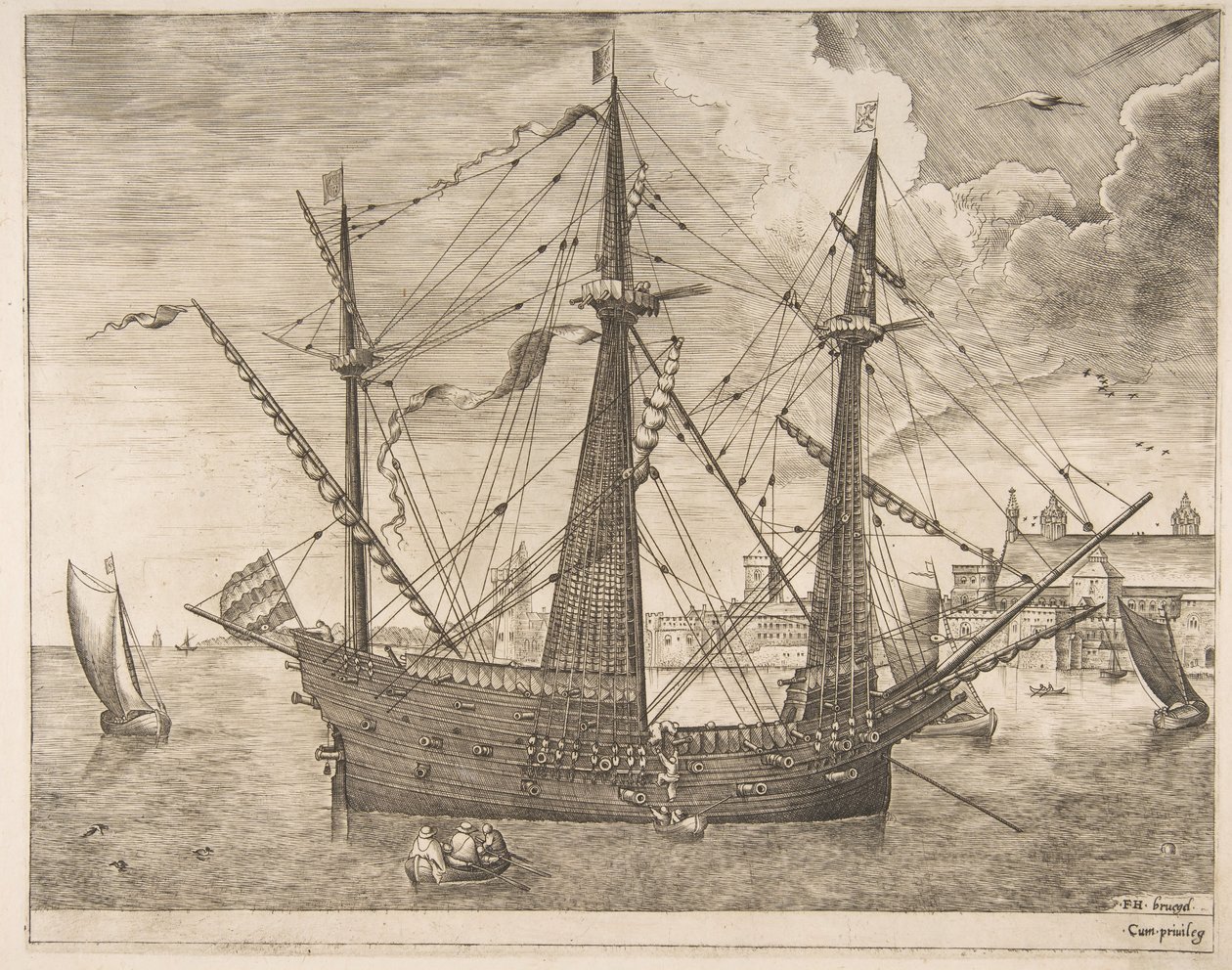 Ozbrojený třímistr kotvící poblíž města od plachetnic, ca. 1555-56. od Frans Huys