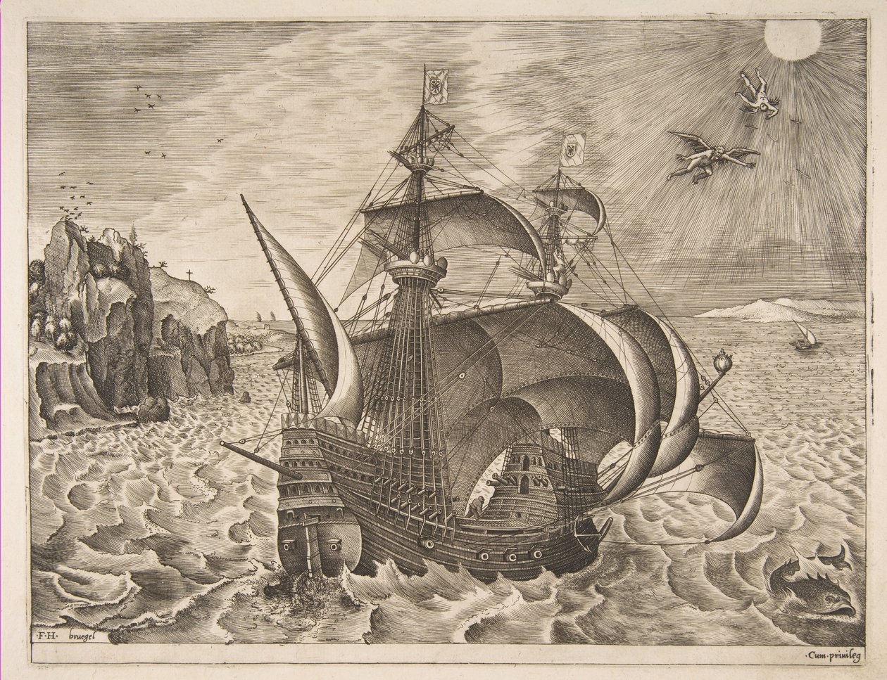 Ozbrojený třímistr s Daedalem a Ikarem na obloze z Plachetnic, 1561-65. od Frans Huys