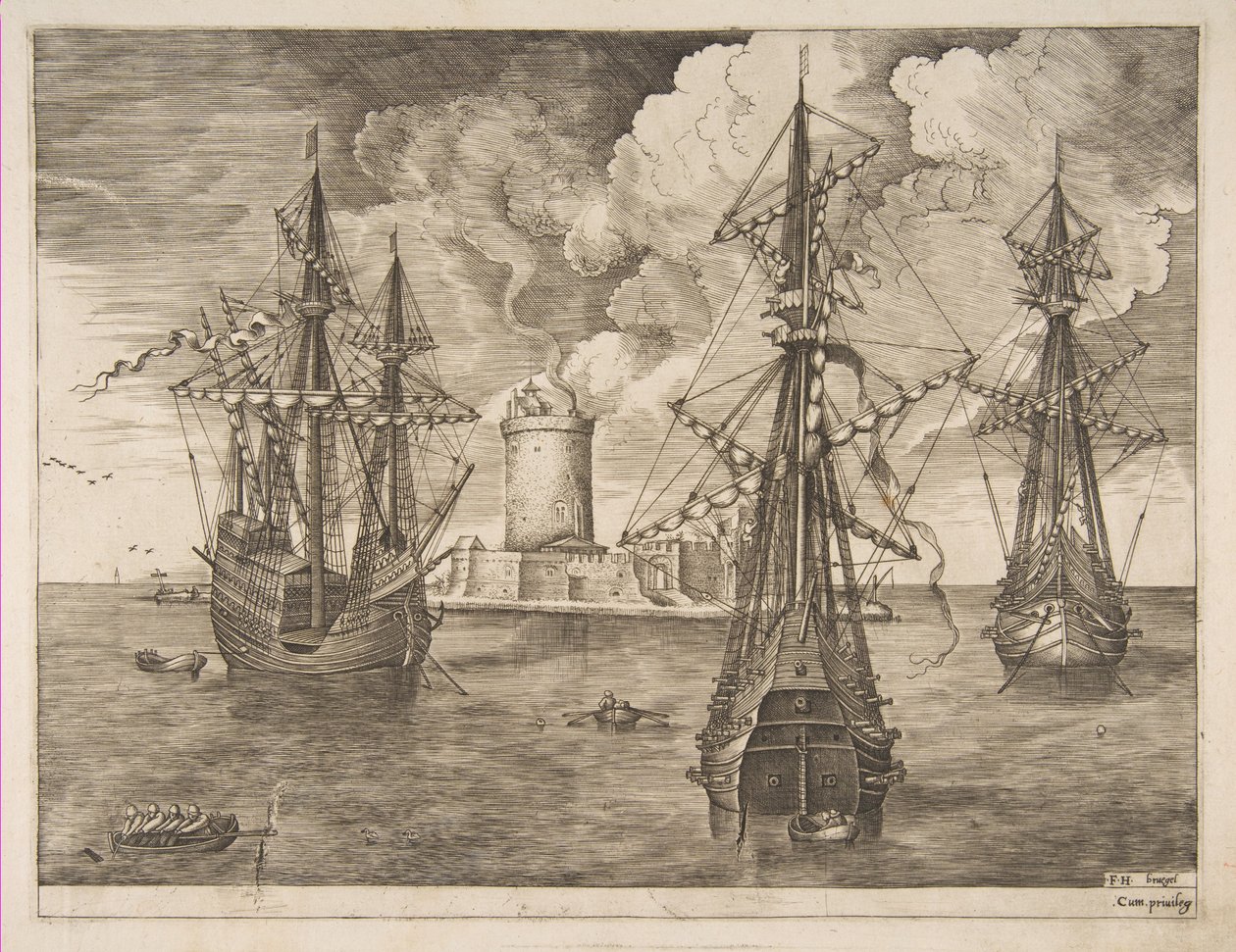 Čtyřmistrová levice a dva třímistrové ukotvení poblíž opevněného ostrova se světlem..., 1561-65. od Frans Huys