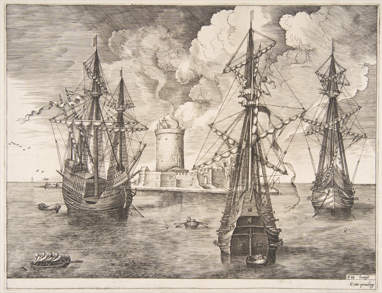 Čtyřmistr a dva tři mistři ukotvení poblíž opevněného ostrova z Plachetnice..., 1561-65. od Frans Huys