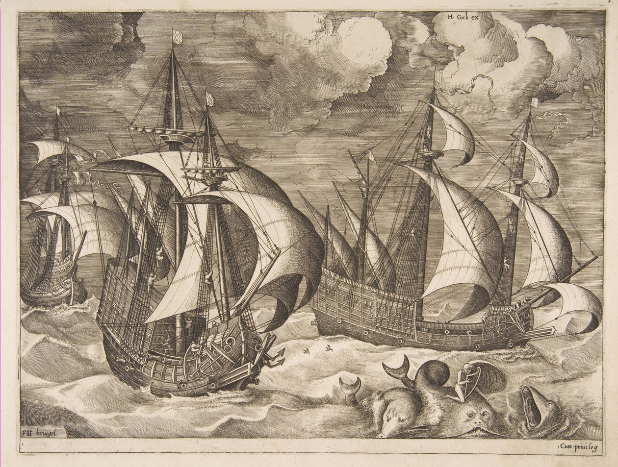 Tři karavely ve stoupající bouři s Arionem na delfínovi z Plachetnic, 1561-65. od Frans Huys