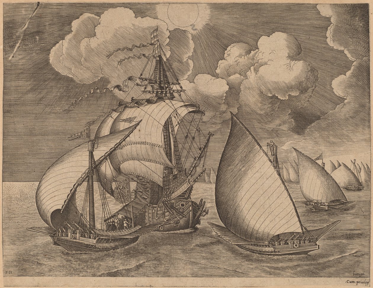 Flotila galér doprovázená karavelou od Frans Huys after Pieter Bruegel the Elder