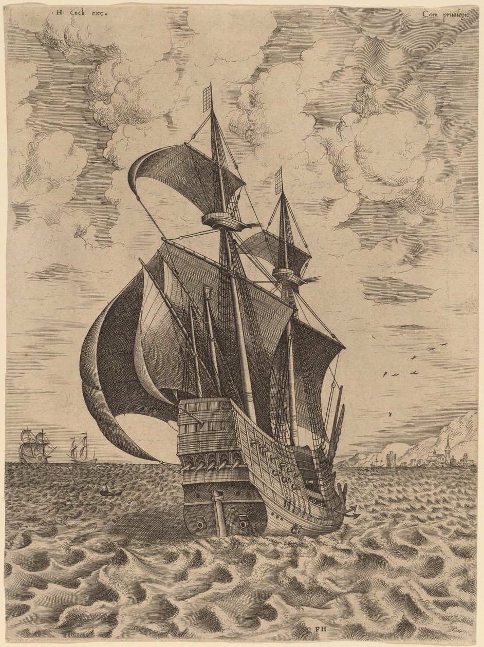 Ozbrojená čtyřmistrovská plavba směrem k přístavu od Frans Huys after Pieter Bruegel the Elder
