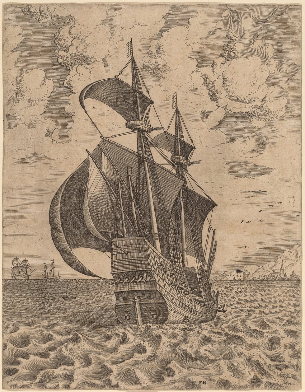 Ozbrojená čtyřmistrovská plavba směrem k přístavu od Frans Huys after Pieter Bruegel the Elder