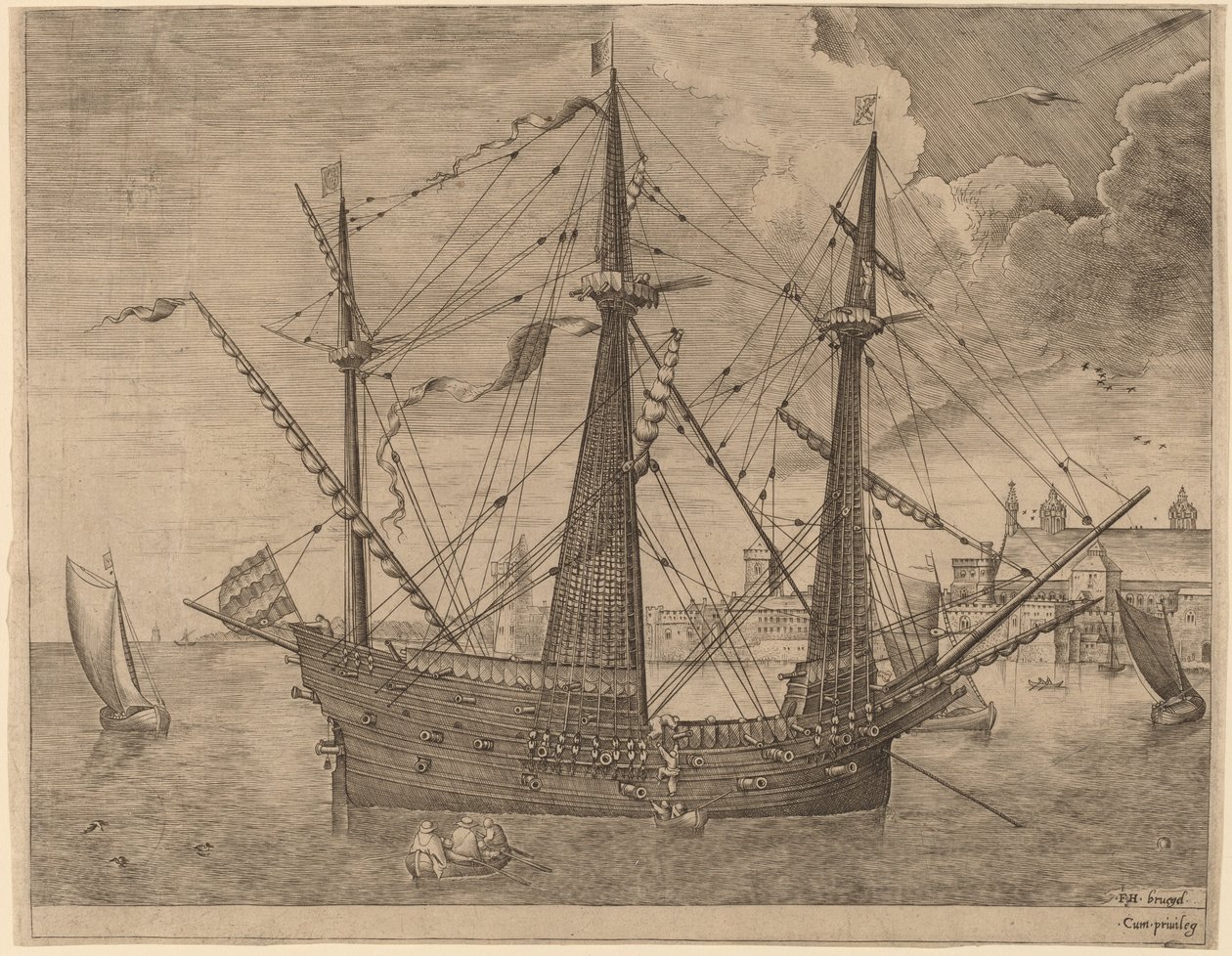 Ozbrojený třímistr kotví poblíž města od Frans Huys after Pieter Bruegel the Elder