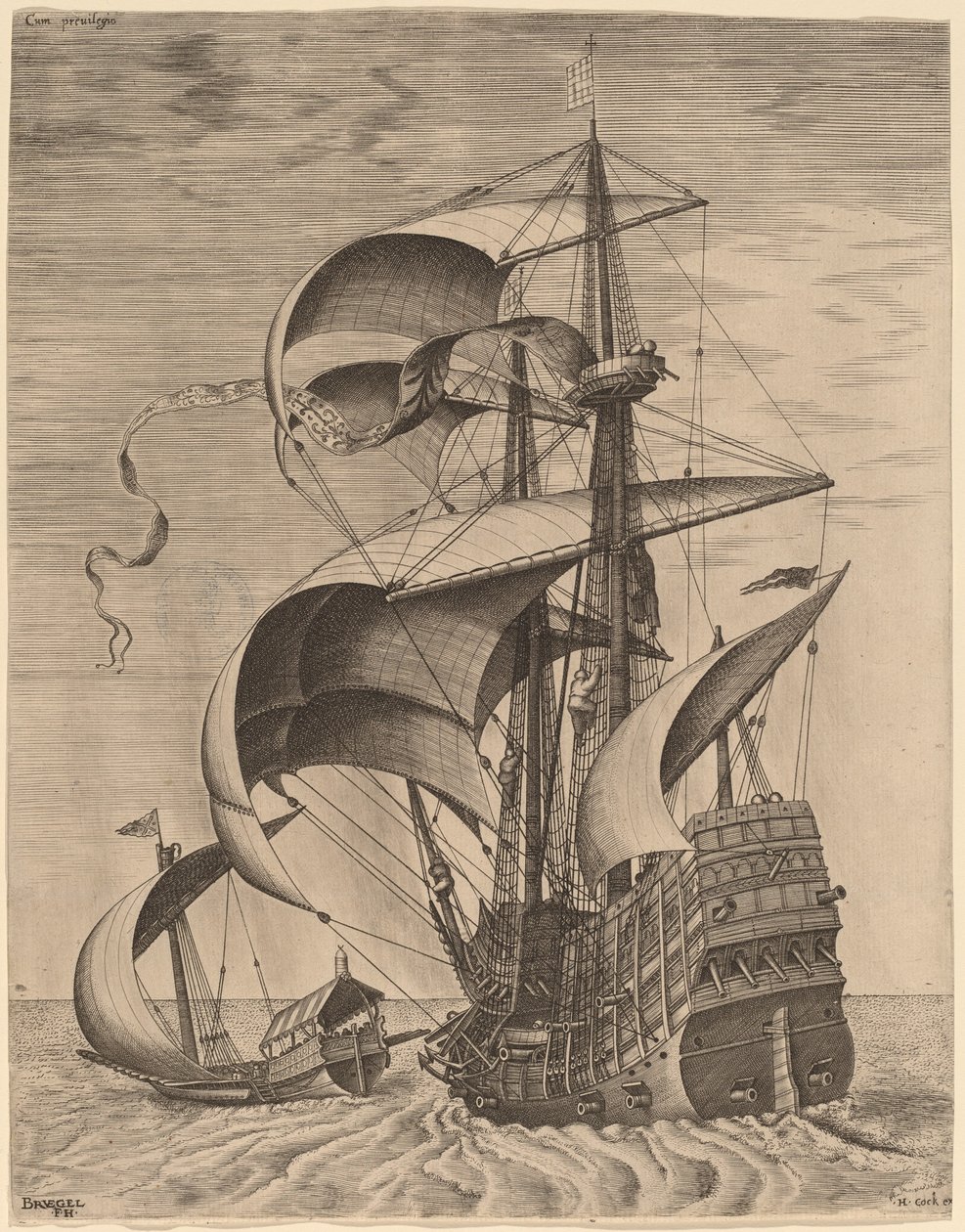 Ozbrojený třímistr na otevřeném moři, doprovázený galérou od Frans Huys after Pieter Bruegel the Elder