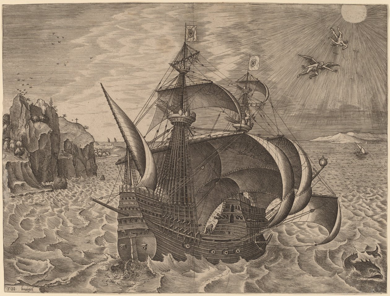 Ozbrojený třímistr s Daedalem a Ikarem na obloze od Frans Huys after Pieter Bruegel the Elder