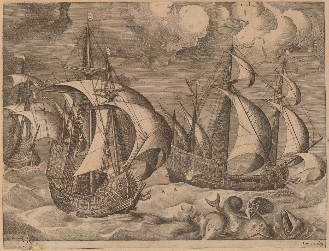 Tři karavely v rostoucí bouři s Adrionem na delfínovi od Frans Huys after Pieter Bruegel the Elder