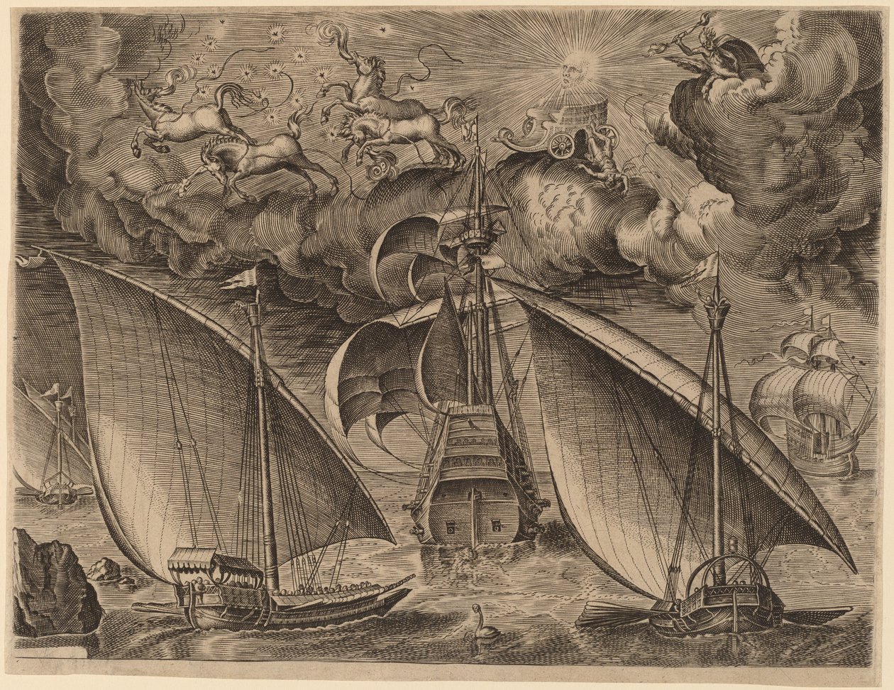 Dvě galéry za Ozbrojeným třípánem s Phaethonem a Jupiterem na obloze od Frans Huys after Pieter Bruegel the Elder