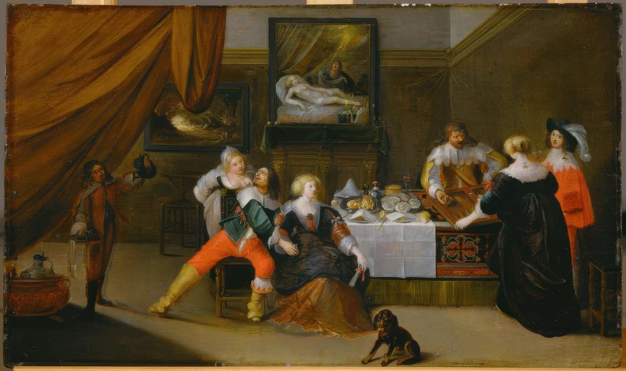 Společenská scéna s obrázkem Danae v pozadí od Frans III Francken