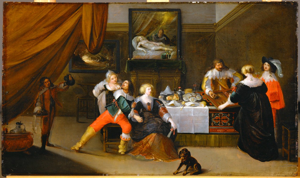 Společenská scéna, obraz Danae na zadní stěně (malba na dubovém dřevě) od Frans III Francken