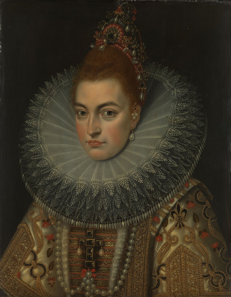 Portrét arcivévodkyně Isabelly Clara Eugenia (1566-1633, španělská infantka, cca 1600 (olej na mědi) od Frans II (studio of) Pourbus