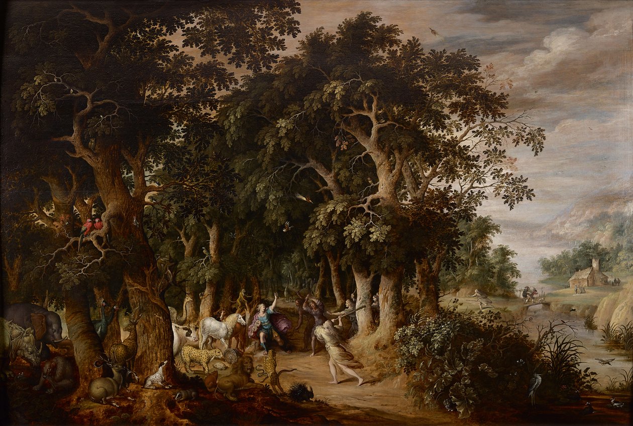mýtina v hustě zalesněné krajině s mnoha zvířaty a Orfeem napadeným thráckými ženami (olej na desce) od Frans II Francken