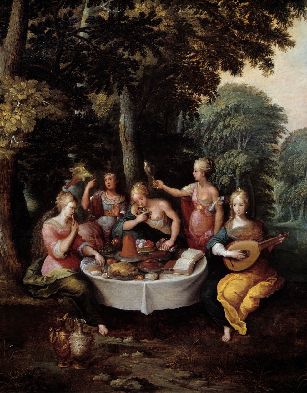 Pět smyslů mladých žen v krajině s banketem (chuť), hudbou (slyšet), zrcadlem (pohled), kyticí květin (vůně) a pohlazením (dotek). Detail. Obraz Franze (Franse) Francken II le Jeune (1581-1642) od Frans II Francken