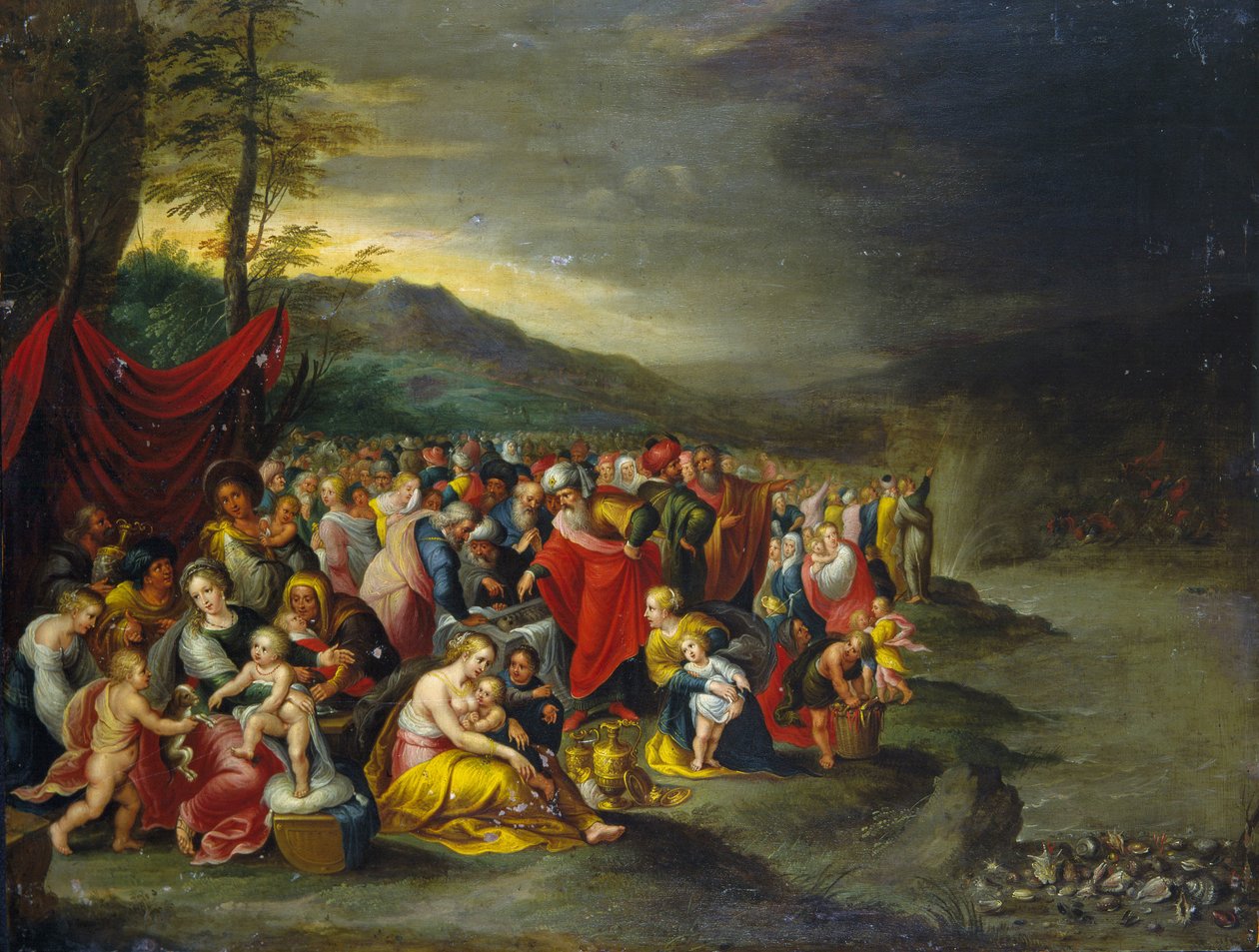 Průchod Rudým mořem - olej na mědi z dílny Franckenů, Antverpy od Frans II the Younger (workshop of) Francken