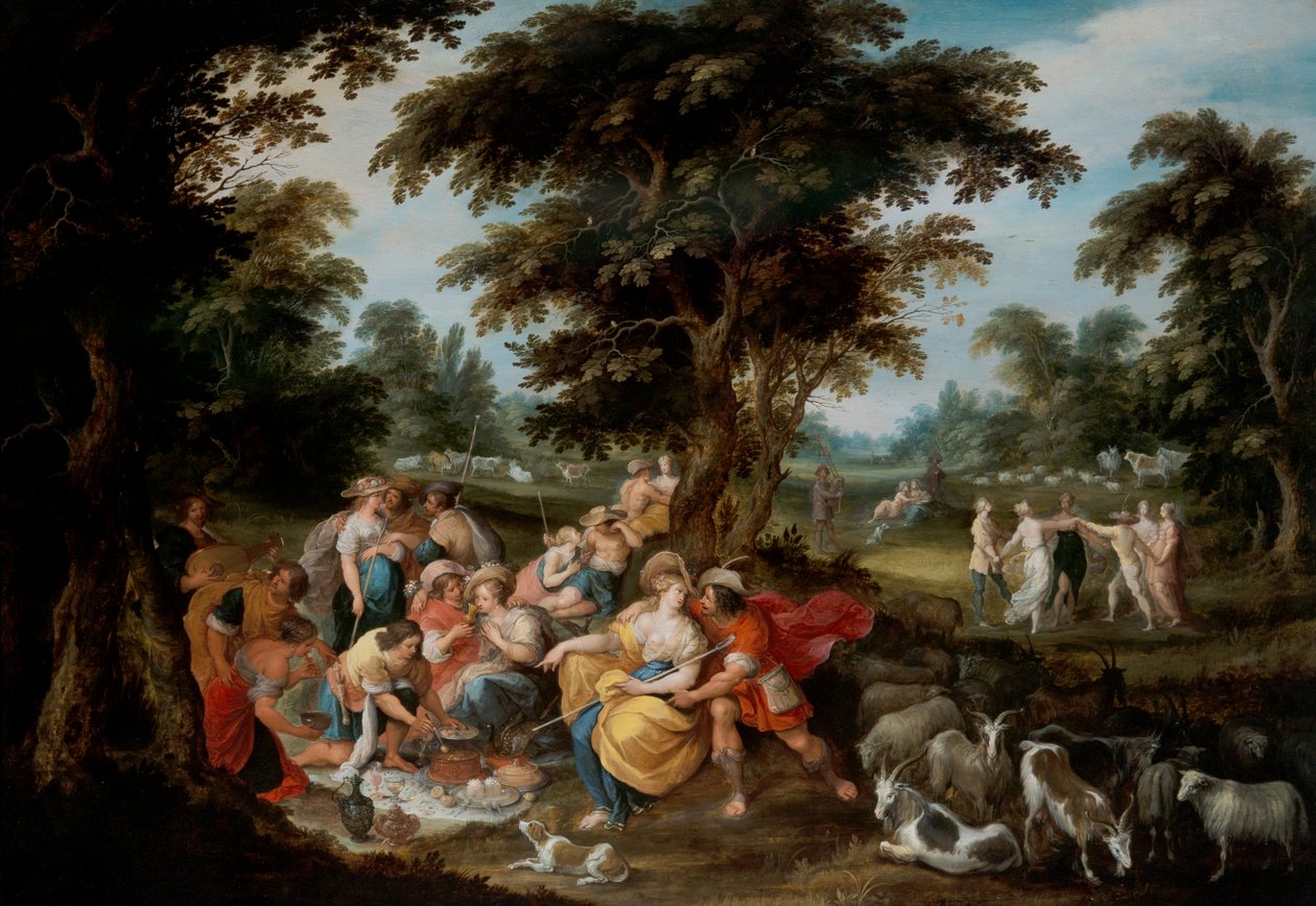 Arcadia: Pastorační krajina s pastýři a pastýřkami od Frans II the Younger Francken