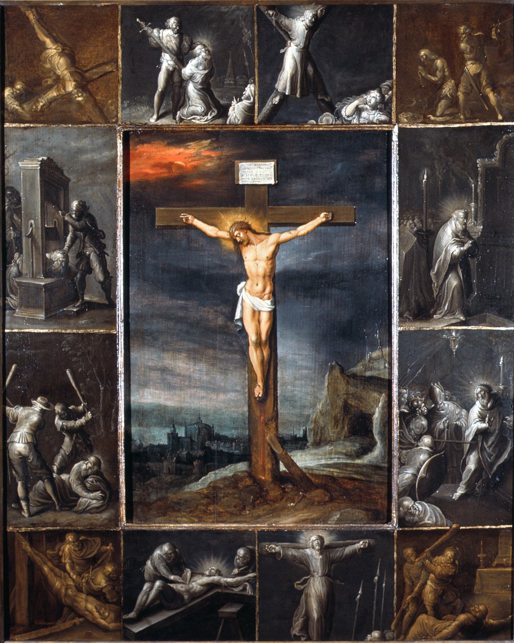 Ukřižovaný Kristus zarámovaný scénami mučednické smrti apoštolů od Frans II the Younger Francken