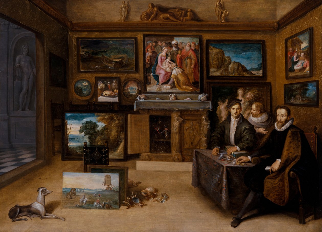 Interiér sběratelského kabinetu s Justusem Lipsiusem a dvěma Conslefhebbers od Frans II the Younger Francken