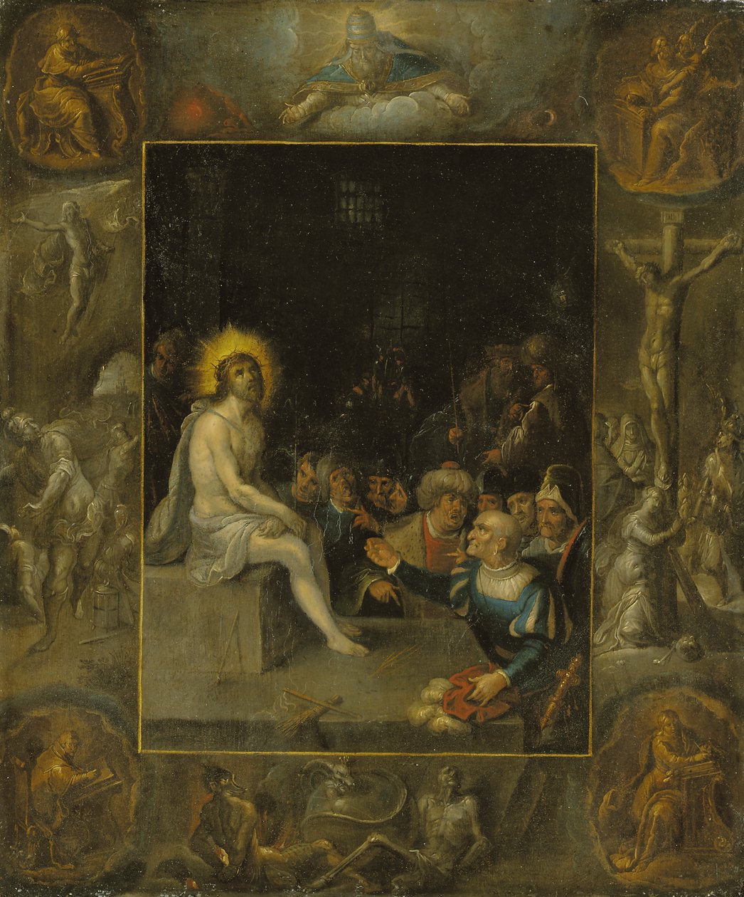 Posmívání se Kristu v grisaille znázorňující Boha Otce, evangelisty, Ukřižování, Vzkříšení a Ďábla a smrt s korunovaným hadem od Frans II the Younger Francken