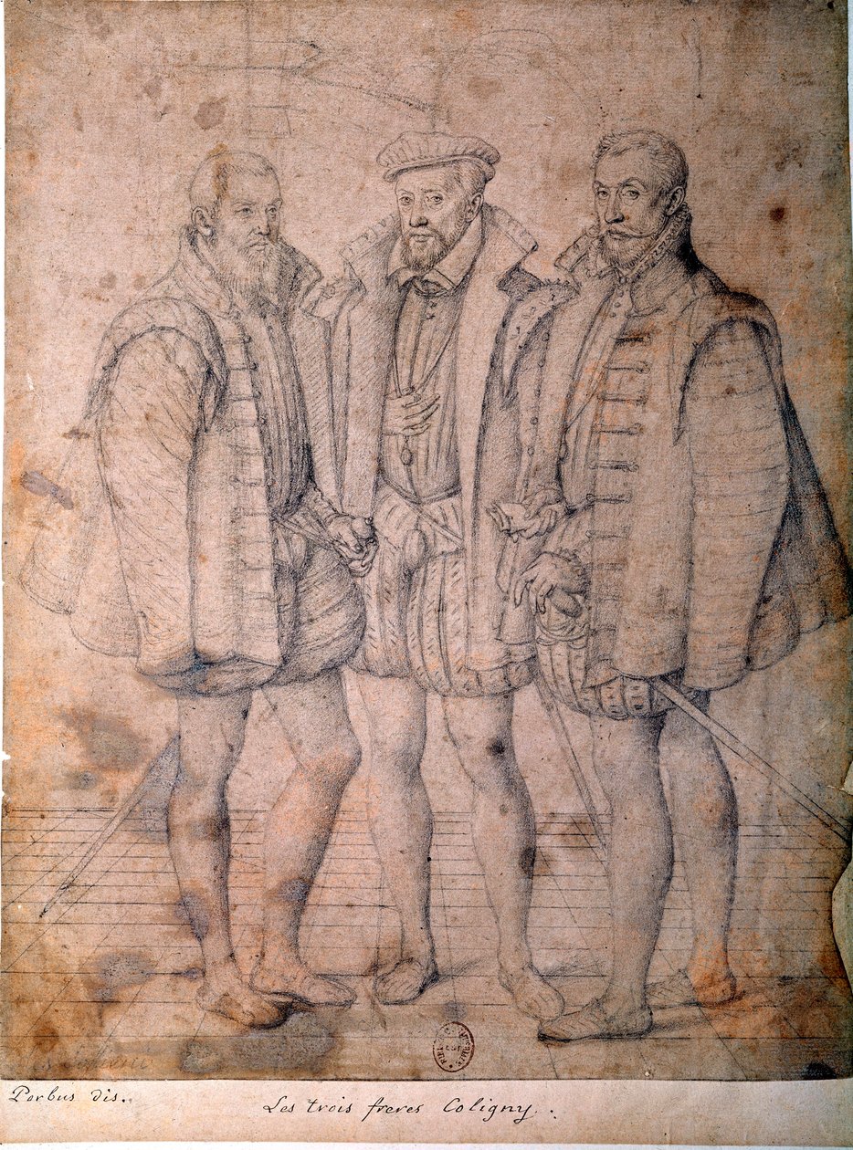 Portrét tří Coligny: kardinál Odet (1515-1571), Gaspard (1517-1572), admirál Francie a Francois (1521-1569), Lord of Andelot. Kresba připisovaná Fransovi (Francois (Franz) Pourbus l