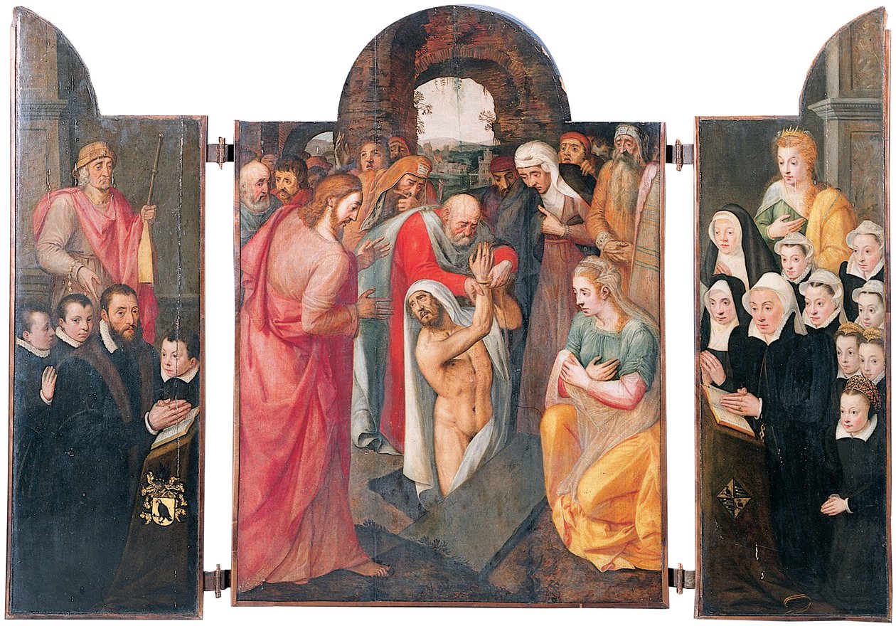 Triptych: Vzkříšení Lazara na středním oddělení s klečícím mužským dárcem v podání sv. Jakuba a jeho synů na levém křídle, jeho klečící ženy v podání sv. Kataríny a jejích dcer na pravém křídle od Frans I Pourbus