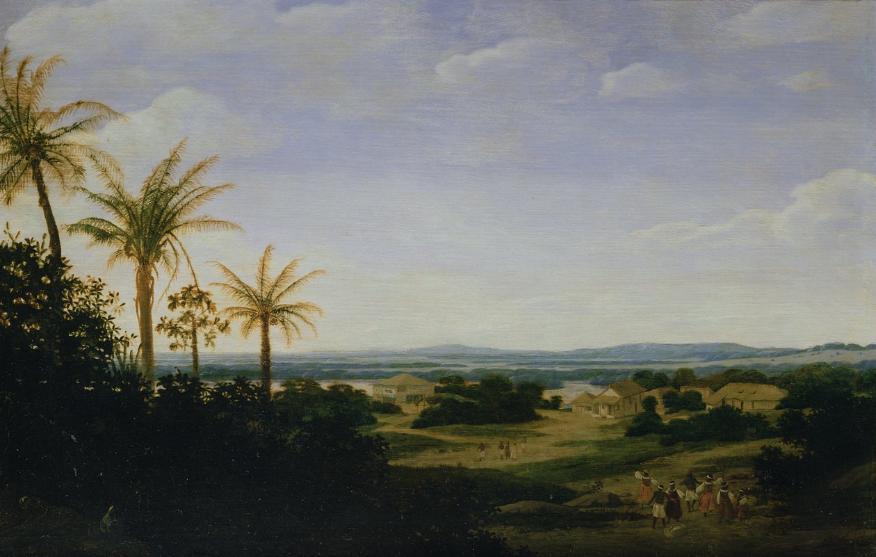 Brazilská krajina s portugalskou rezidencí, kostelem a Casa Granda, za řekou Varzea od Frans Post