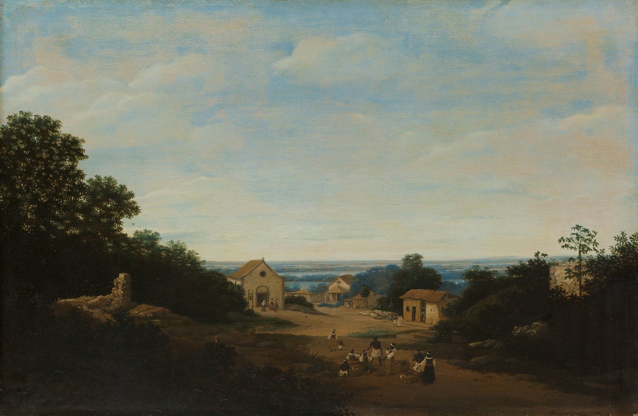Brazilská krajina s vesnicí Igaraçú. Vlevo kostel sv. Kosmy a Damiána od Frans Post