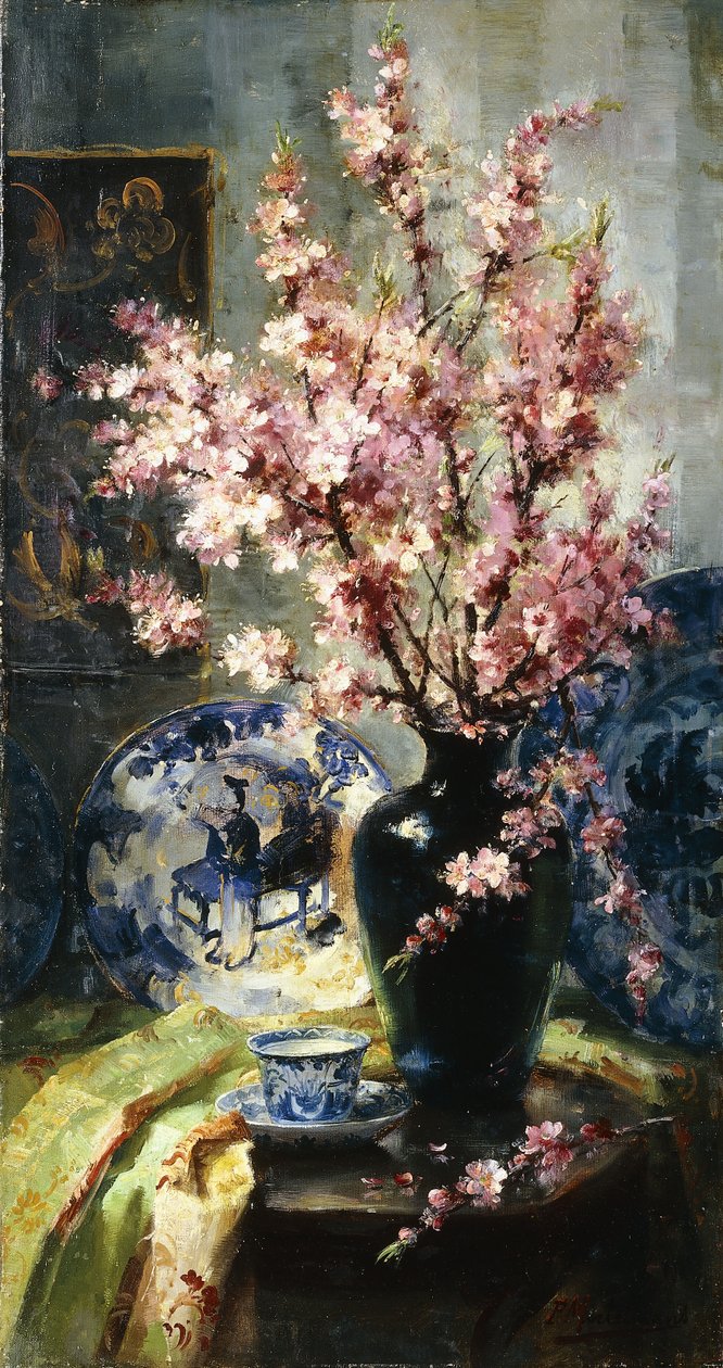 Jabloňové květy a modrý a bílý porcelán na stole od Frans Mortelmans