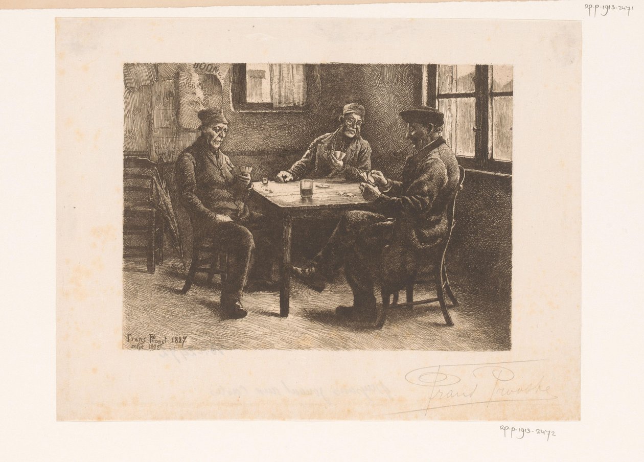 Tři muži hrají karty v kavárně od Frans Proost (signed by artist)