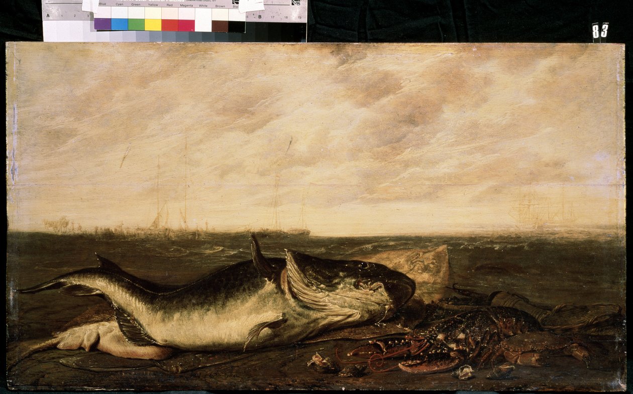 Ryby a humři na pláži (Ryby a humři na pobřeží). Obraz Franse Ryckhalse (po 1600-1647). Olej na plátně, 47 x 83,5 cm od Frans Ryckhals