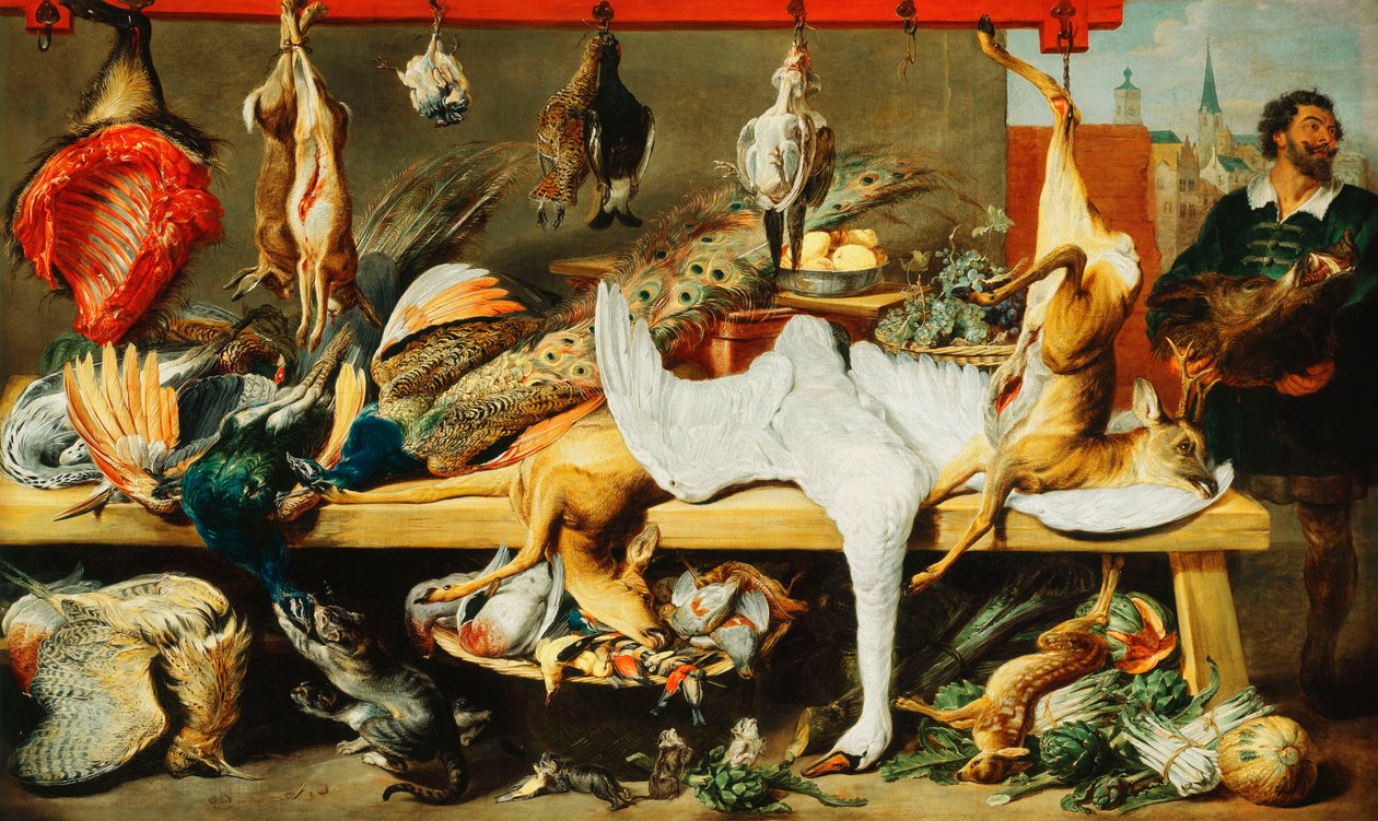 Řeznický stánek s hrajícími kočkami a koťaty a řezník držící kančí hlavu od Frans Snyders or Snijders
