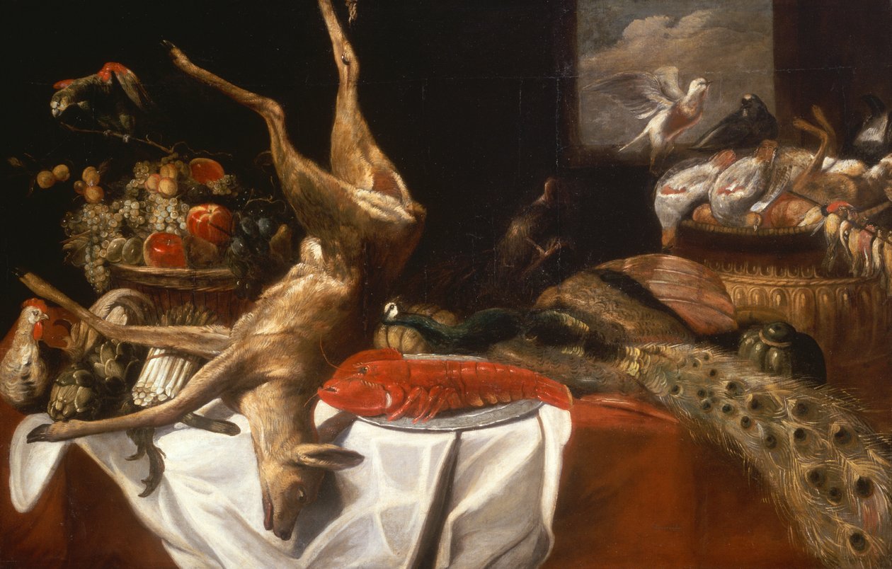 Mrtvý jelen a ptáci, Humr na misce, Košík ovoce a zeleniny (olej) od Frans Snyders