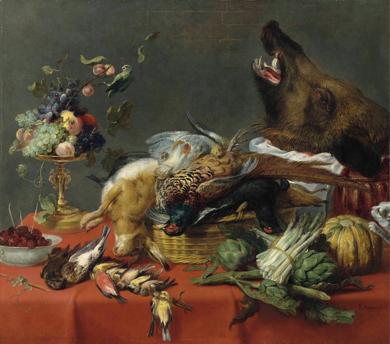 Prostřený stůl obložený zvěřinou, ovocem, zeleninou a kančí hlavou. od Frans Snyders