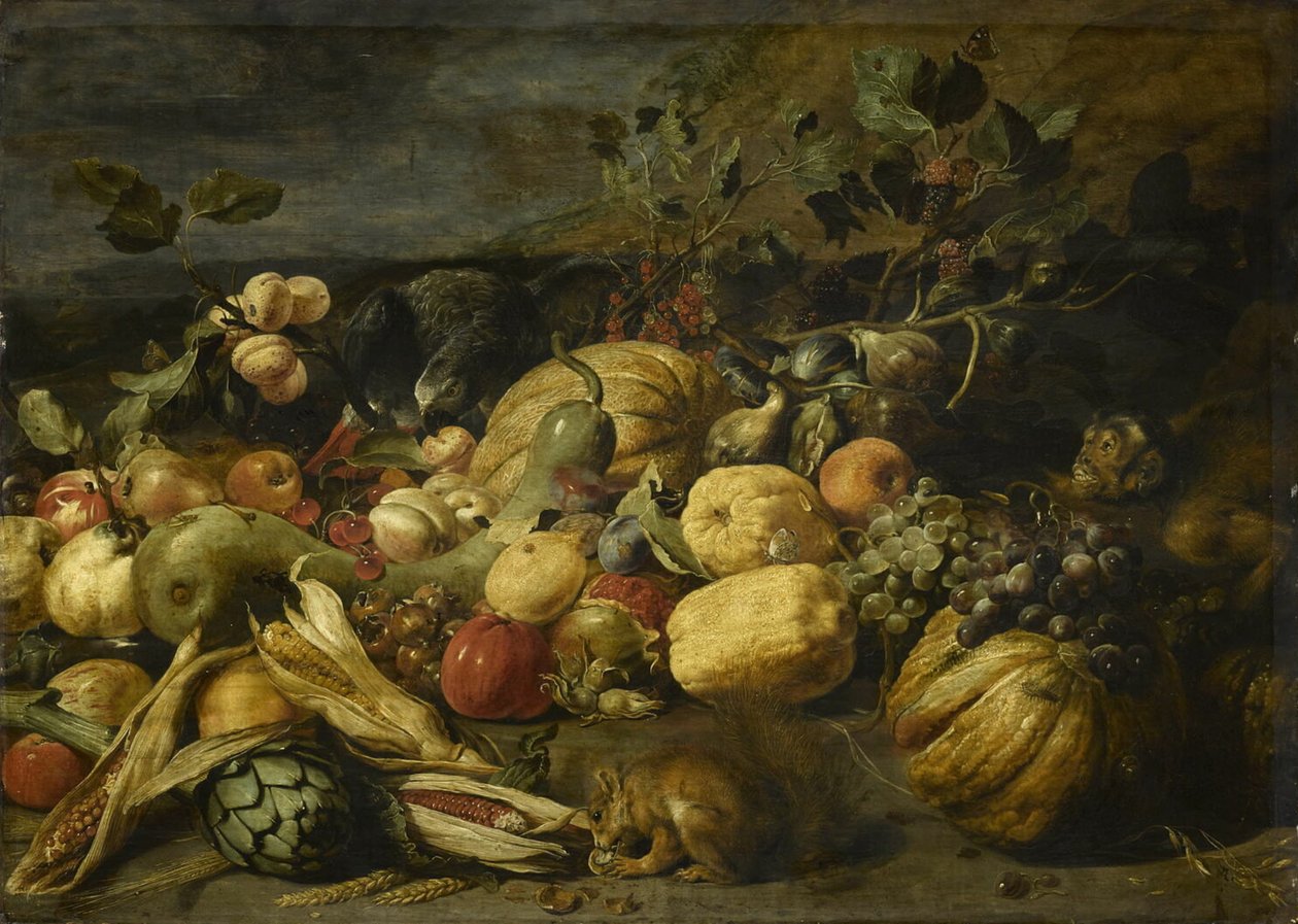 Ovoce a zelenina s opicí, papouškem a veverkou od Frans Snyders