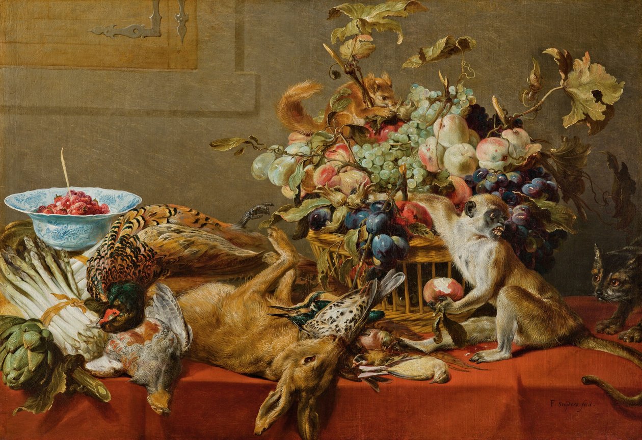Zátiší s ovocem, mrtvou zvěří, zeleninou, živou opicí, veverkou a kočkou od Frans Snyders