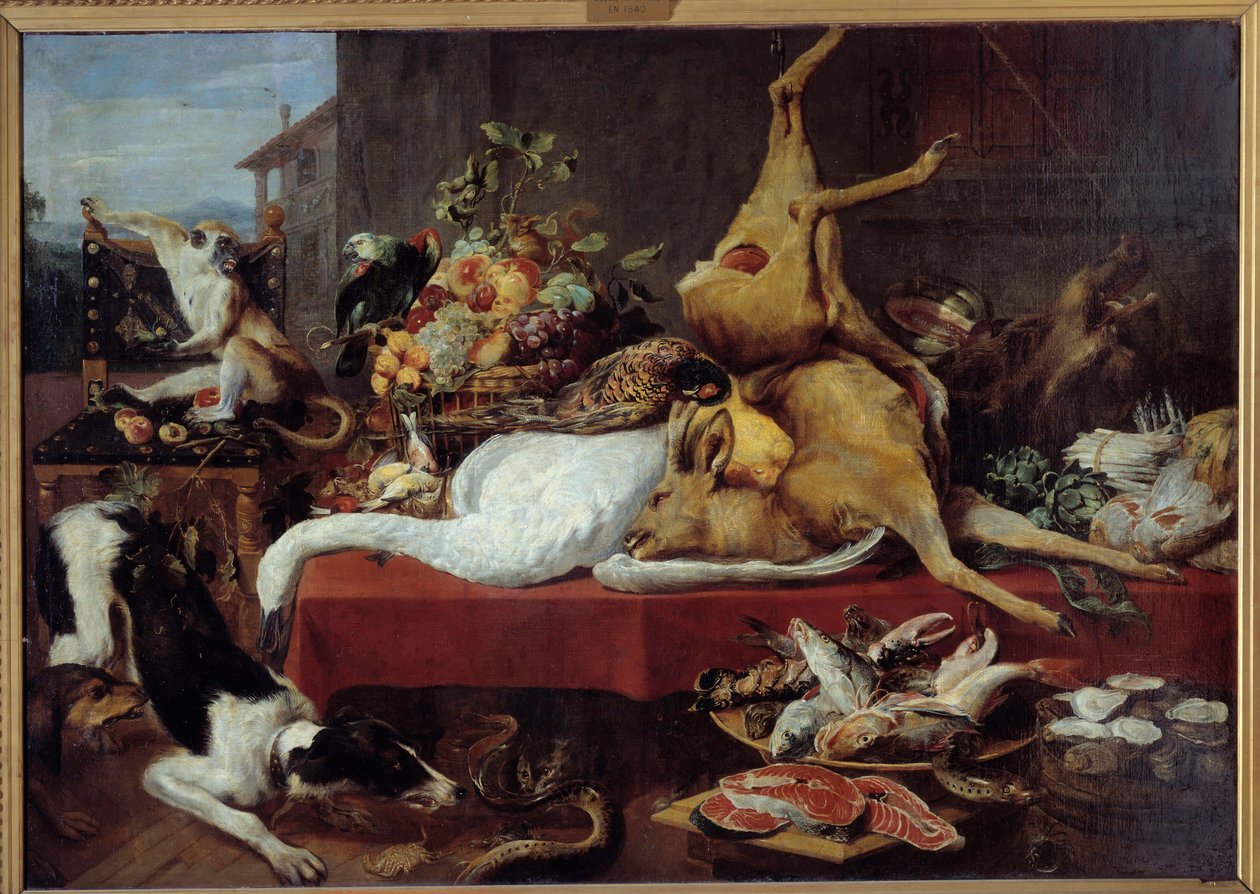 Zátiší s jelenem Zvěřina (bažant, husa, jelen), plátek ryby, krab, luštěniny. obraz Franse Snyderse (1579-1657) od Frans Snyders
