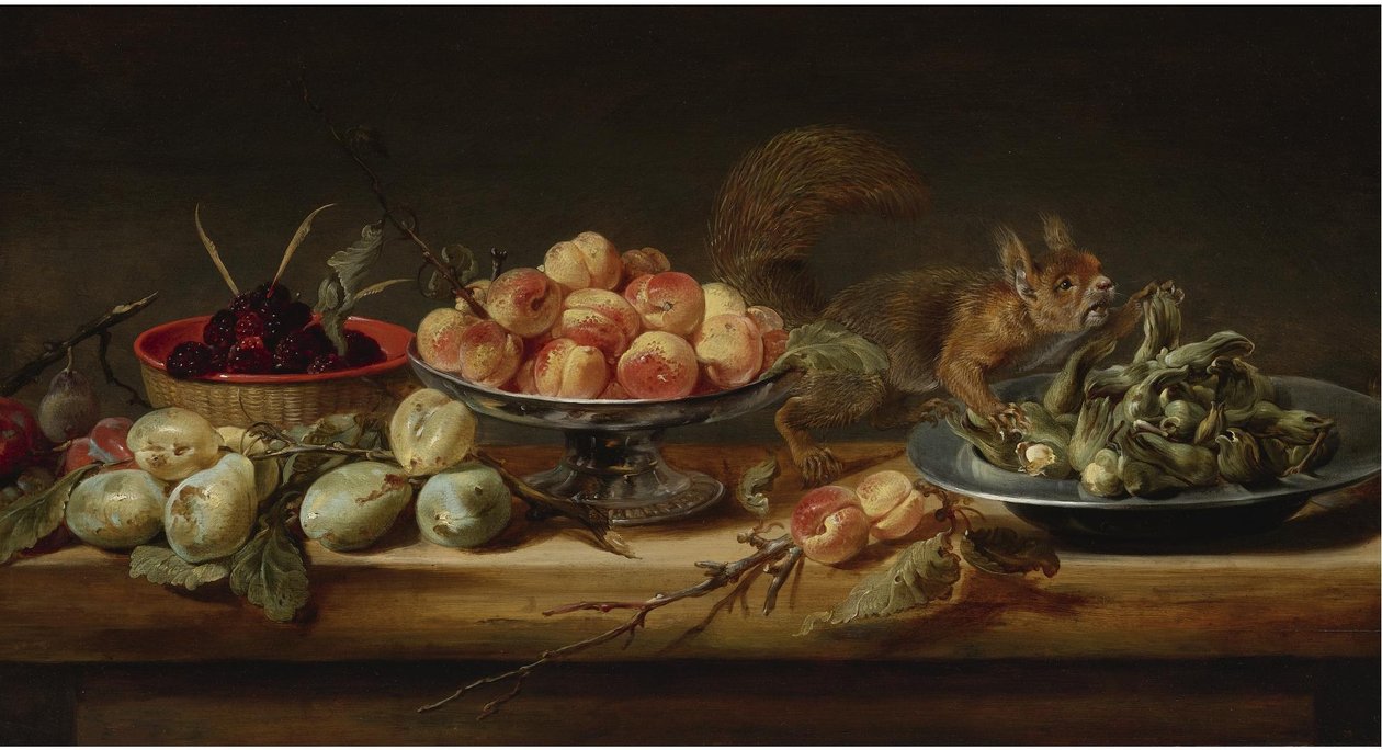 Zátiší s broskvemi v tazze, lískovými oříšky na cínovém talíři, malinami v košíku, s hruškami a veverkou na stole.
olej na desce od Frans Snyders