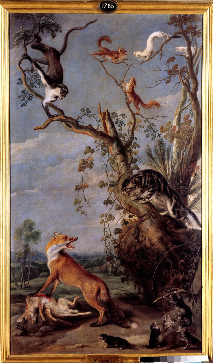 Kočka a liška Ilustrace bajky od Jean de la Fontaine. Obraz Franse Snyderse (1579-1657) (ec.flam.) Madrid 17. století, muzeum Prado. od Frans Snyders