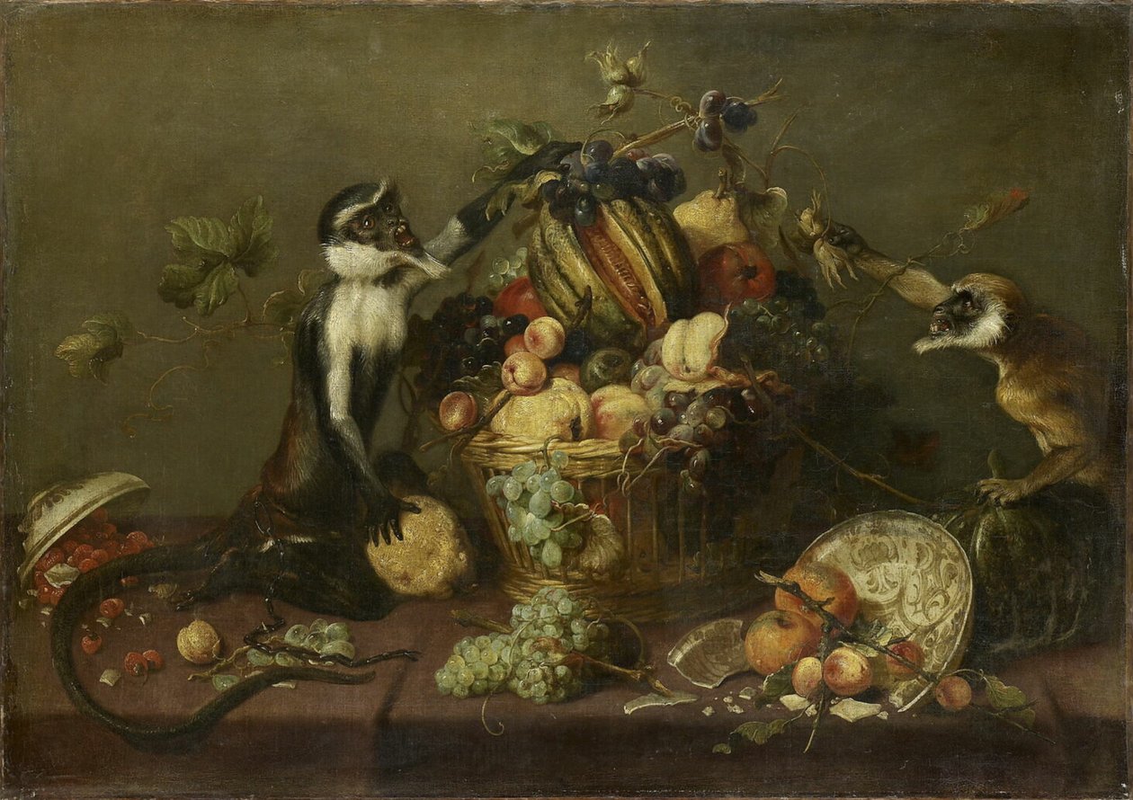 Dvě opice útočící na košík s ovocem od Frans Snyders