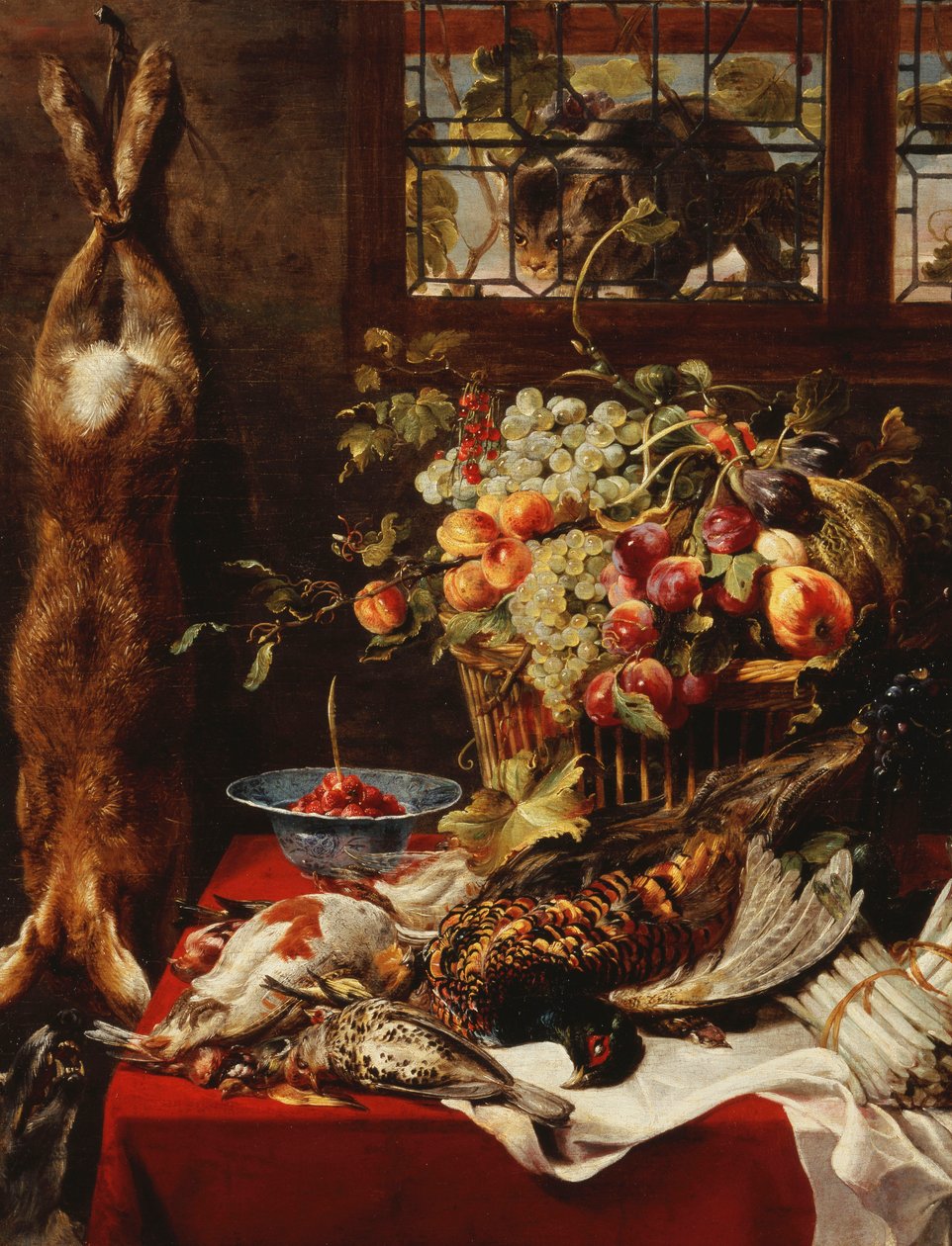 Špajzové zátiší s ovocem, hrou a kočkou u okna, od Frans Snyders or Snijders