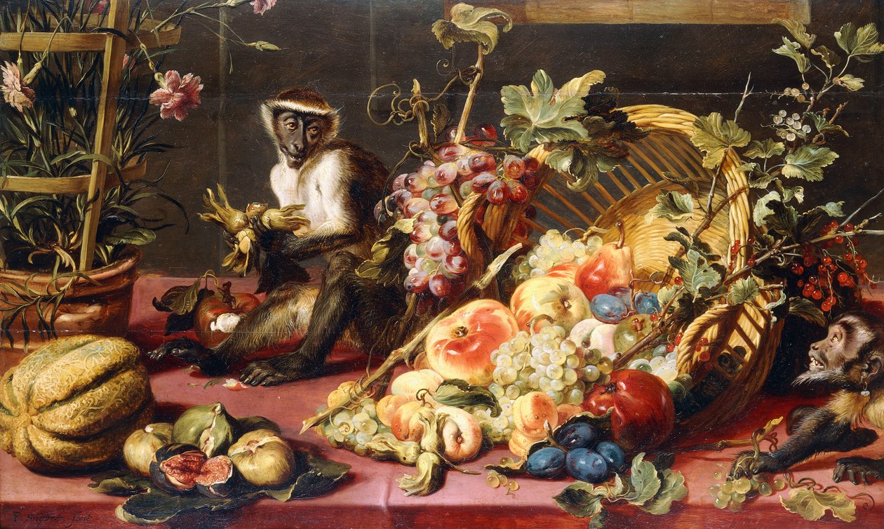 Rozsypaný košík ovoce na přehozeném stole s opicemi, od Frans Snyders or Snijders