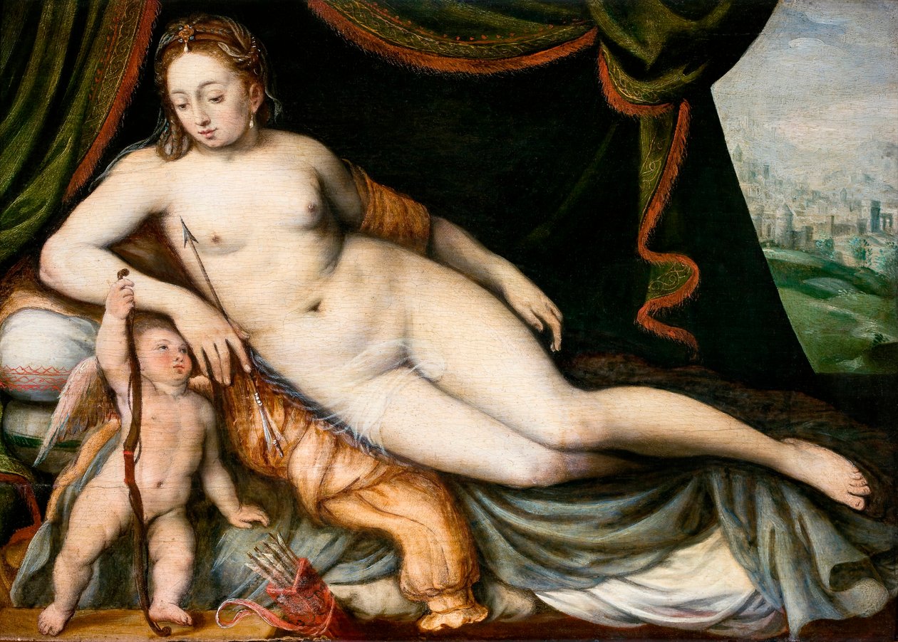 ""Venus et Cupidon"" (Venuše a Cupid) Peinture de Frans I de Vrient ou de Vriendt , tento Frans Floris l