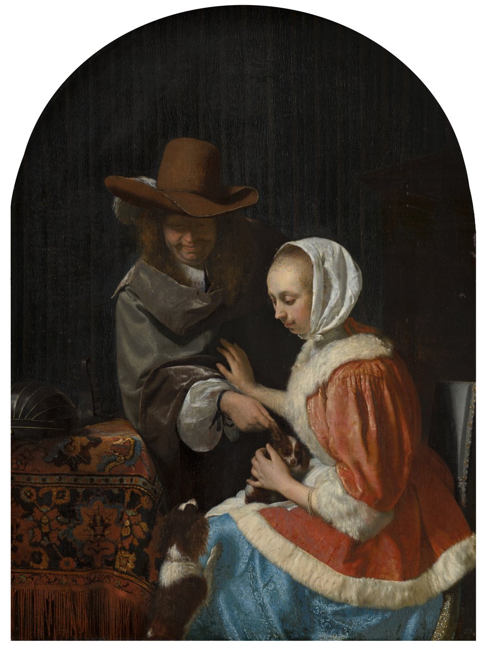 Muž a žena se dvěma psy, známý jako „Škádlení mazlíčka“, 1660 od Frans van Mieris