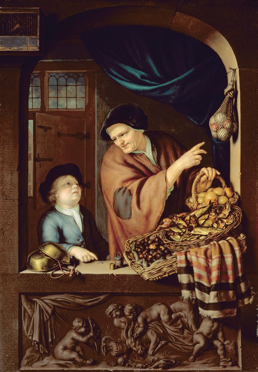 The Chesnut and Kipper Seller, 1722 (olej na dubu) od Frans van Mieris